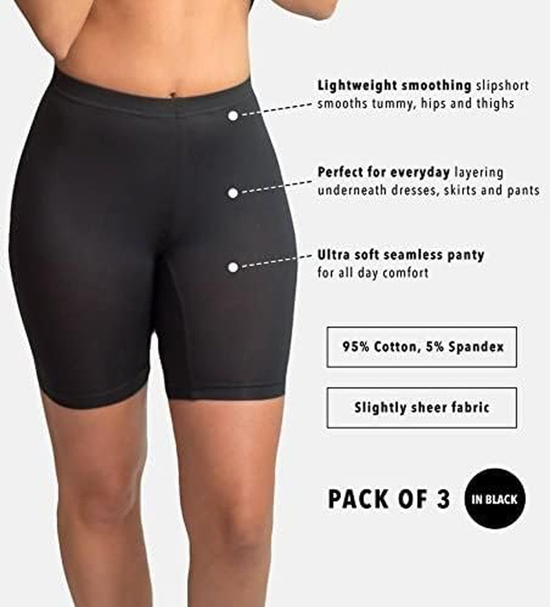 Slip Shorts | 3-Pack Black Bike Shorts | Cotton Spandex Stretch Boyshorts for Yoga